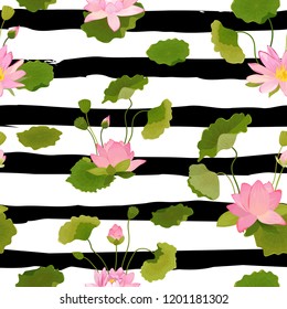 Seamless Pattern with Lotus Flowers and Leaves, Retro Tropical Floral Background for Fashion Print, Birthday Decoration Wallpaper. Vector Illustration