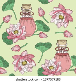 Nahtloses Muster mit Lotusblumen, Blättern und Flaschen von Lotus ätherischem Öl. Kosmetik, Parfüm und medizinische Anlagen. Vektorgrafik, handgezeichnet.