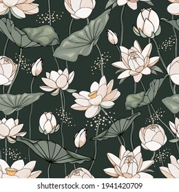 Seamless pattern with lotus flowers and leaves on a dark background.Botanical illustration style. Vector illustration.