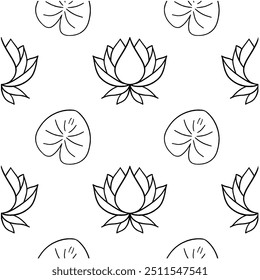 Padrão sem costura com flores de lótus, folhas e botões pretos. Ilustração de linha de vetor. Desenho floral para logotipo, tatuagem, design de embalagem, composições. Projeto de vetor botânico de lírio de água.
