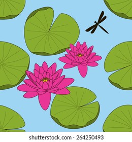 Seamless pattern with lotus flowers, leaves and a dragonfly.Vector illustration