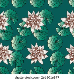 Padrão contínuo com flores e folhas de lótus. Ilustração vetorial.