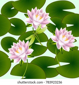 Seamless pattern with lotus flowers, leaves and dragonfly.