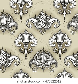 Seamless pattern with lotus flowers and lilies. Can be used for backgrounds, business style, tattoo templates, cards design, print on clothes or else. Vector illustration.