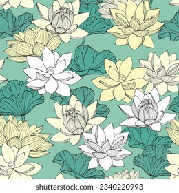 Seamless pattern with lotus. Lotus flowers line arts design. vector illustration.