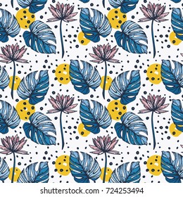 Seamless pattern with lotus flowers, monstera leves and hand drawn yellow dots, vector illustration