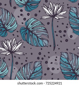 Seamless pattern with lotus flowers, monstera leves and hand drawn dots on grey background, vector illustration