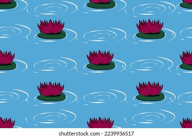 Seamless pattern with lotus flowers on a green leaf on a lake with streaks on the water. Wallpaper or bed linen print. Website banner concept with chinese flower. Thai flower festive. Bualuang.