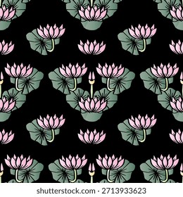 Nahtloses Muster mit Lotusblumen auf schwarzem Hintergrund.