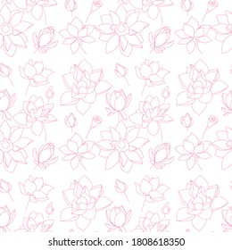 Nahtlose Muster von Lotusblumen. Blumenkatalog skizzieren in Schwarz-Weiß-Umrissen. - Vektorgrafik