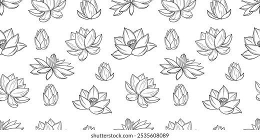 Patrón sin fisuras con boceto de flores de loto. Ilustraciones de línea dibujadas a mano botánicas