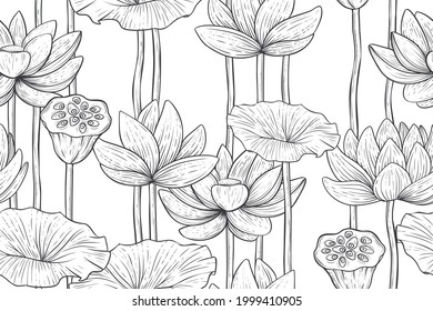 Seamless pattern of lotus flowers, vector