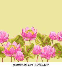 Seamless pattern with lotus flowers. Water lily decorative illustration. Natural tropical plants.