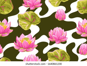 Seamless pattern with lotus flowers. Water lily decorative illustration. Natural tropical plants.