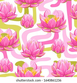 Seamless pattern with lotus flowers. Water lily decorative illustration. Natural tropical plants.