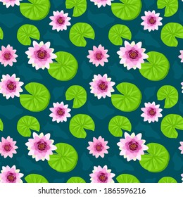 Seamless pattern with lotus flowers. Water lily decorative illustration. Tropical plants seamless pattern. Beautiful lotus flower on the water close-up. Beautiful Lily Lotus. vector illustration.