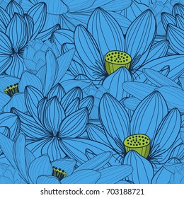Seamless pattern with lotus, hand draw vector illustration.