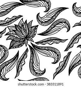 Seamless pattern with lotus outline. Vector Drawing. 