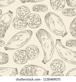 Seamless pattern with lotus root: root and piece of lotus root. Vector hand drawn illustration.