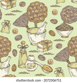 Seamless pattern with lotus: lotus seed and fruits, bath salt, soap and beauty products. Cosmetic, perfumery and medical plant. Vector hand drawn illustration