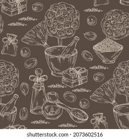 Seamless pattern with lotus: lotus seed and fruits, bath salt, soap and beauty products. Cosmetic, perfumery and medical plant. Vector hand drawn illustration