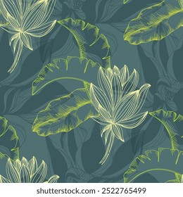 Seamless Pattern with lotus and tropical banana tree leaves. Color sketch style hand drawn background. Detailed illustration, hand drawn. Great for fabric and textile, prints, invitation, packaging