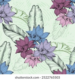 Seamless Pattern with lotus and tropical banana tree leaves. Color sketch style hand drawn background. Detailed illustration, hand drawn. Great for fabric and textile, prints, invitation, packaging