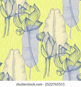 Seamless Pattern with lotus and tropical banana tree leaves. Color sketch style hand drawn background. Detailed illustration, hand drawn. Great for fabric and textile, prints, invitation, packaging