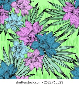 Seamless Pattern with lotus and tropical banana tree leaves. Color sketch style hand drawn background. Detailed illustration, hand drawn. Great for fabric and textile, prints, invitation, packaging