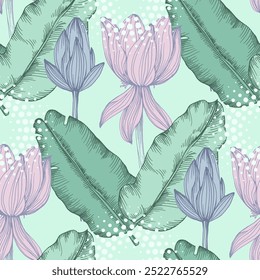 Seamless Pattern with lotus and tropical banana tree leaves. Color sketch style hand drawn background. Detailed illustration, hand drawn. Great for fabric and textile, prints, invitation, packaging