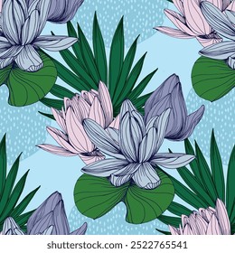 Seamless Pattern with lotus and tropical banana tree leaves. Color sketch style hand drawn background. Detailed illustration, hand drawn. Great for fabric and textile, prints, invitation, packaging