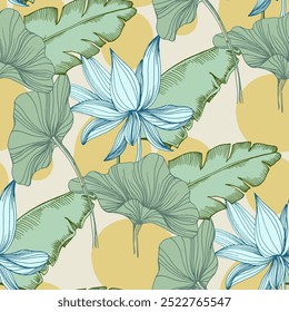 Seamless Pattern with lotus and tropical banana tree leaves. Color sketch style hand drawn background. Detailed illustration, hand drawn. Great for fabric and textile, prints, invitation, packaging