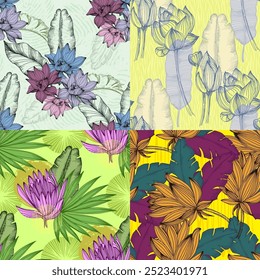 Seamless Pattern with lotus and tropical banana tree leaves. Color sketch style hand drawn background. Detailed illustration, hand drawn. Great for fabric and textile, prints, invitation, packaging