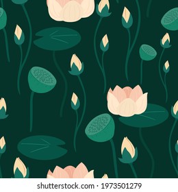 Seamless pattern with lotus and water lily blooming on a dark green background