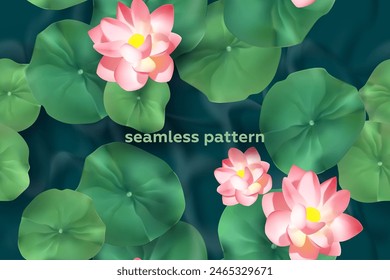 Nahtloses Muster Lotus, Seerose. Realistischer 3D-Stil. Pflanzen im Wasser. Vektorillustration