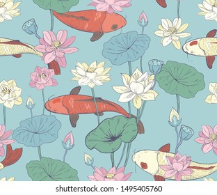 seamless pattern with lotuses and carps in chinese style