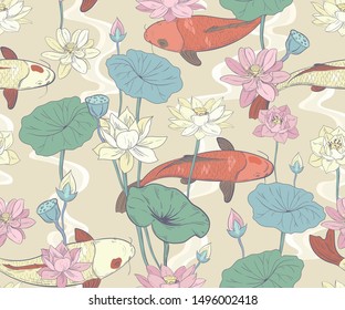 Seamless pattern with lotuses and carps in chinese style