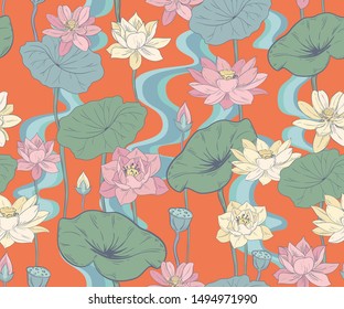 Seamless pattern with lotuses in chinese style