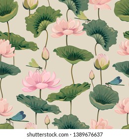 seamless pattern with lotuses and dragonflies