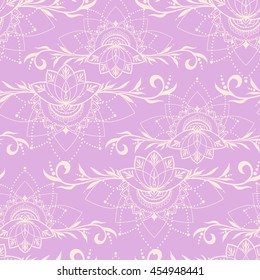 Seamless pattern with lotuses in east style. Can be used for backgrounds, business style, tattoo templates, cards design or else. Vector illustration.