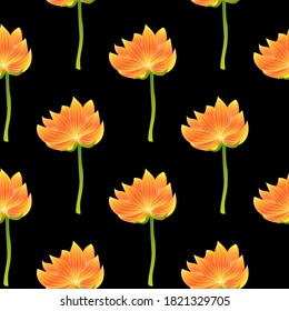 nahtloses Muster. Lotterien mit gelb-orangefarbenen Blütenblättern auf schwarzem Hintergrund. Textur für Gewebe