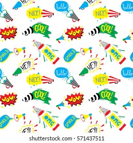 Seamless pattern with loudspeakers messages. Retro 80s and 90s style vector art, poster. 
