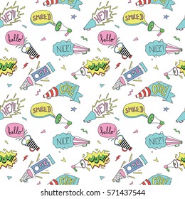 Seamless pattern with loudspeakers messages. Retro 80s and 90s style vector art, poster. 