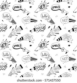 Seamless pattern with loudspeakers messages. Retro 80s and 90s style vector art, poster. 