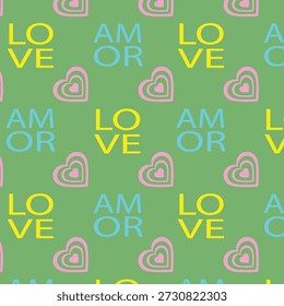 Padrão contínuo com AMOR e AMOR tipografia e corações cor-de-rosa em um fundo verde. Ideal para o Dia dos Namorados, presentes românticos e papel de parede.