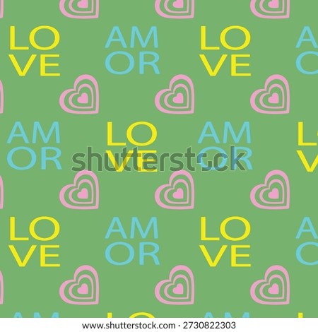 Seamless pattern with LOVE and AMOR typography and pink hearts on a green background. Ideal for Valentine's Day, romantic gifts, and wallpaper.