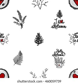 Seamless pattern with I love Autumn lettering, lavender bouquet, candlestick with hello autumn slogan, Fall in love inscription, pinecone, red heart, fern leaf. Background for eco forest celebrations.