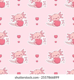 Seamless pattern with in love Axolotl animal with big heart and slogan on light pink background. Funny Little cartoon kawaii character. Vector illustration. Romantic valentine backdrop