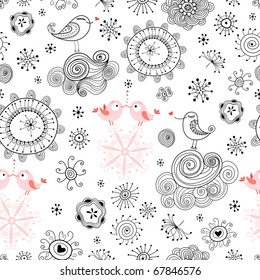 Seamless pattern of love birds and flowers