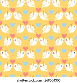 Seamless pattern with love birds and heart shapes
